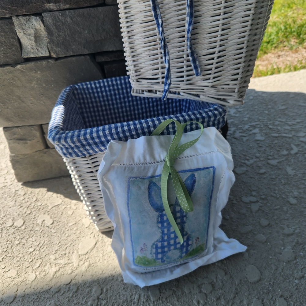 Wicker Basket Set with Blue Gingham Liner and Decorative Sachet